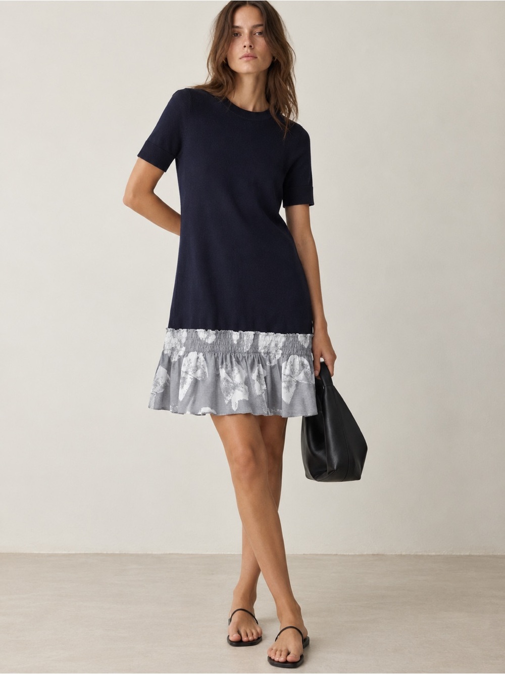 COS Navy Cotton Knit Shirt Dress with Abstract Printed Ruffle Hem XS